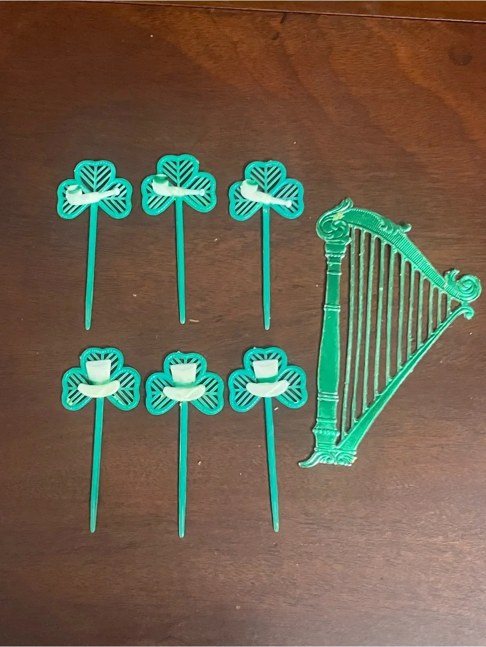 Lot of Vintage St. Patrick's Day Shamrock Cupcake Toppers & Paper Harp